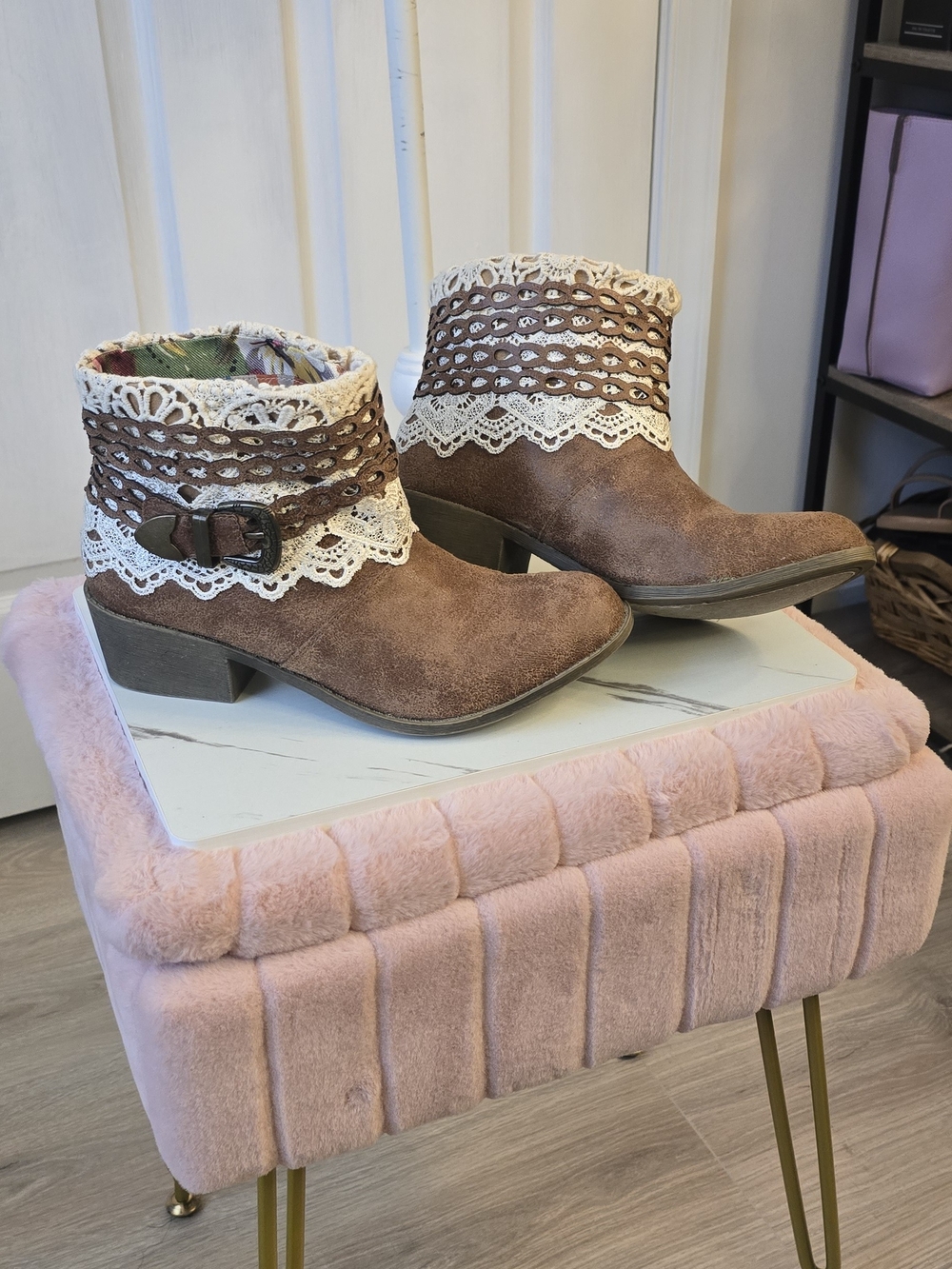 Tigerbear Republic 8 Women's Lace-Trim Brown Suede Ankle Boots Boho Festive